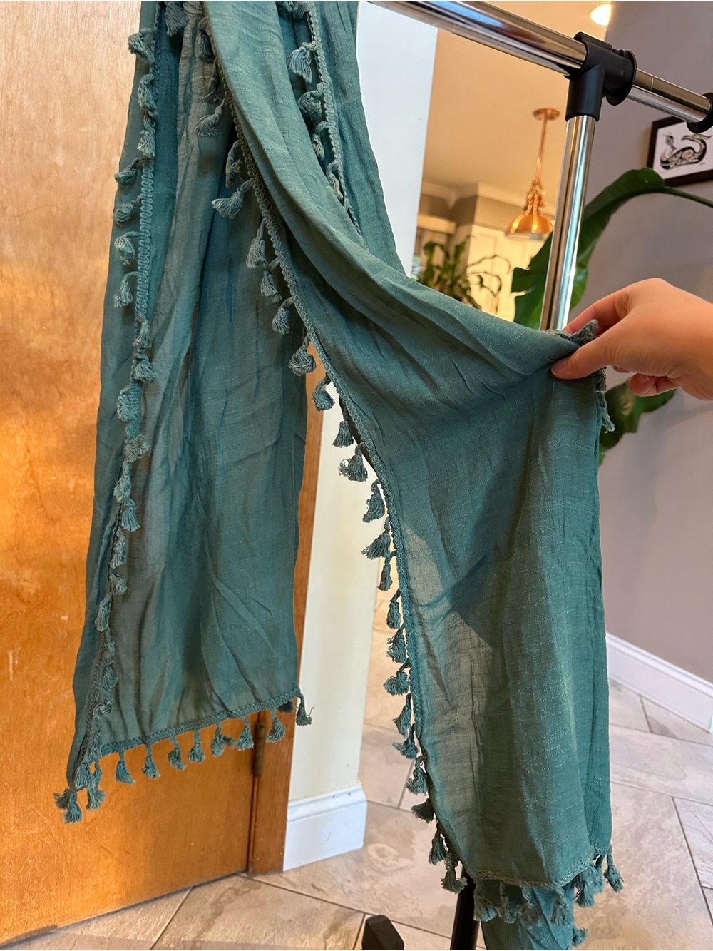 Teal Tassel-Trim Lightweight Scarf